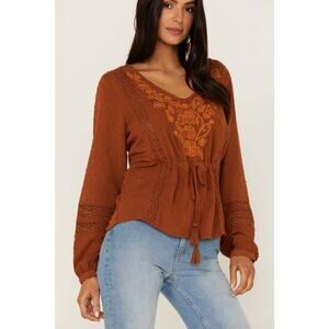 Idyllwind Top Medium Orange Romance Floral Embroidered Swiss Dot Blouse